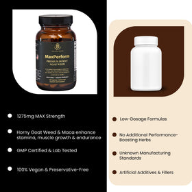 LONLIFE MaxPerform Horny Goat Weed & Maca Root Supplement on a wooden table