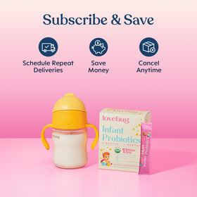 LOVEBUG Infant Probiotics 0-6 Months organic powder in a nursery setting