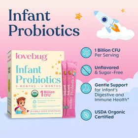 LOVEBUG Infant Probiotics 0-6 Months organic powder inside packaging