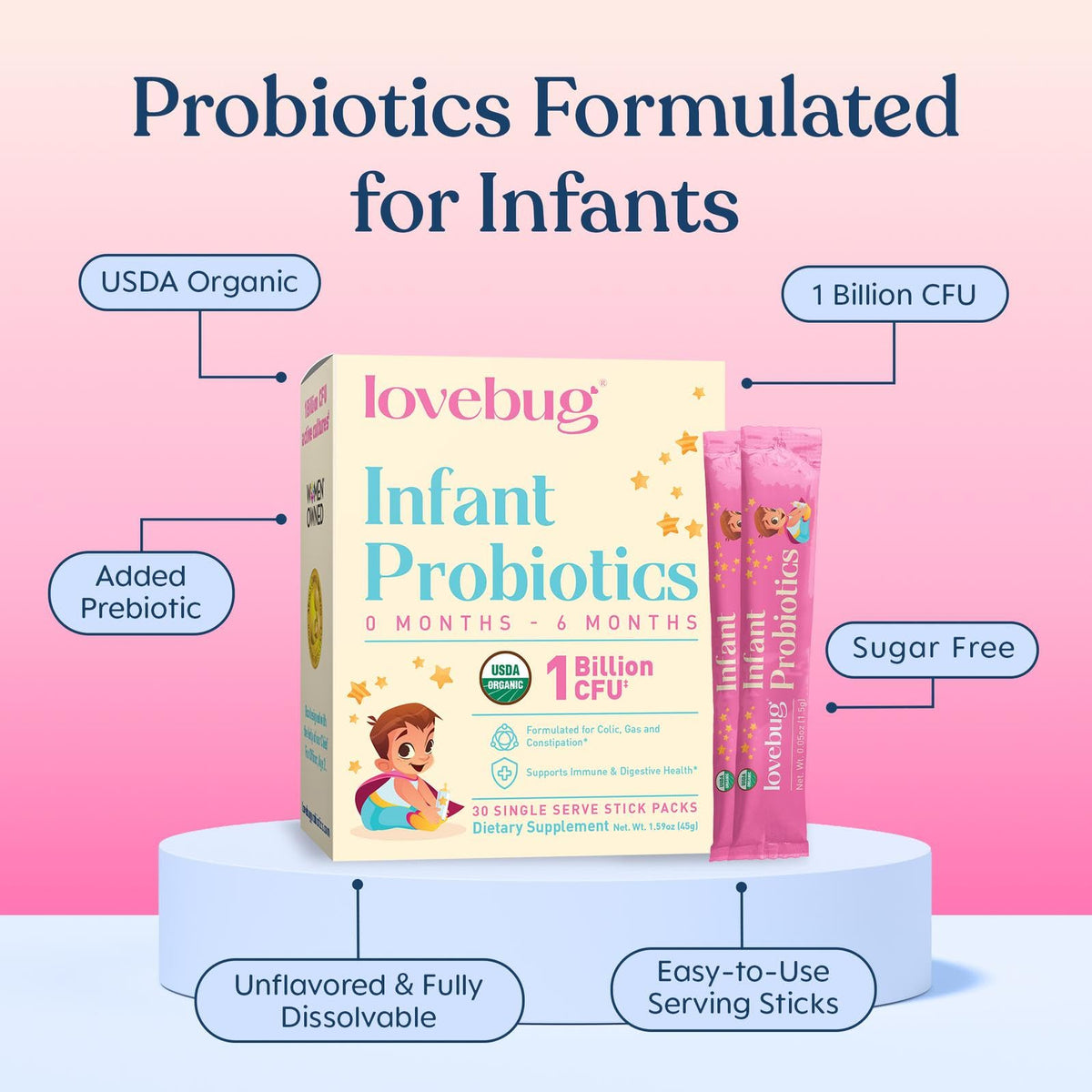 LOVEBUG Infant Probiotics 0-6 Months organic powder mixed in liquid