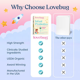 LOVEBUG Infant Probiotics 0-6 Months organic powder on a spoon