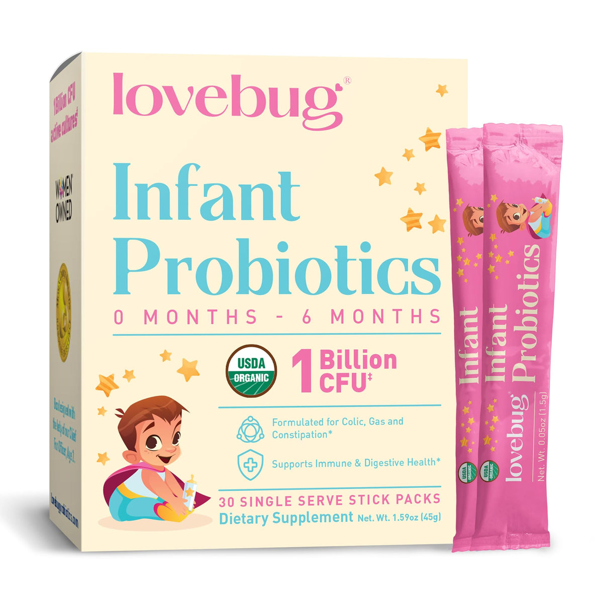 LOVEBUG Infant Probiotics 0-6 Months organic powder packaging front view