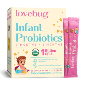 LOVEBUG Infant Probiotics 0-6 Months organic powder packaging front view