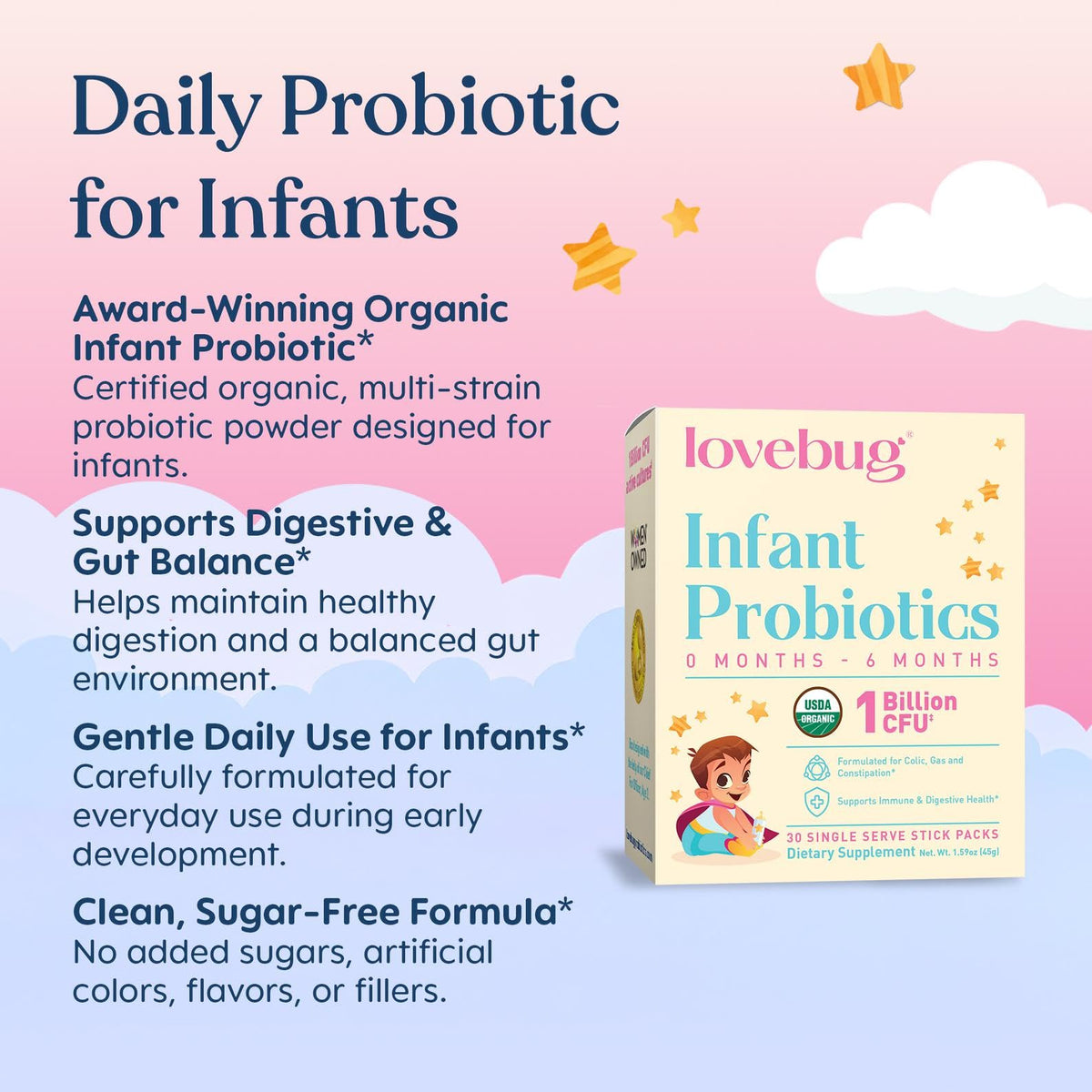 LOVEBUG Infant Probiotics 0-6 Months organic powder with measuring scoop