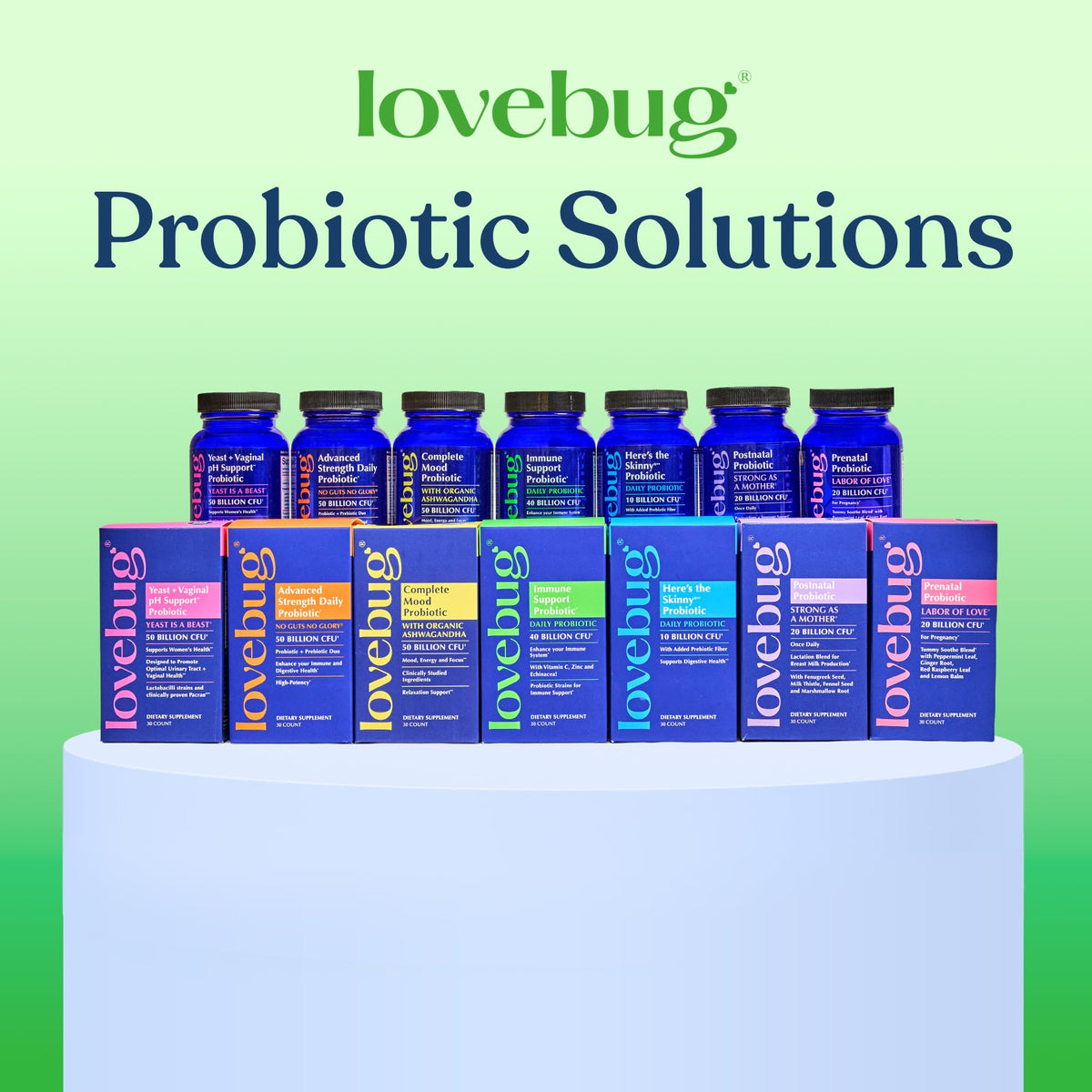 LOVEBUG Probiotics Daily Supplement displayed with herbal supplements