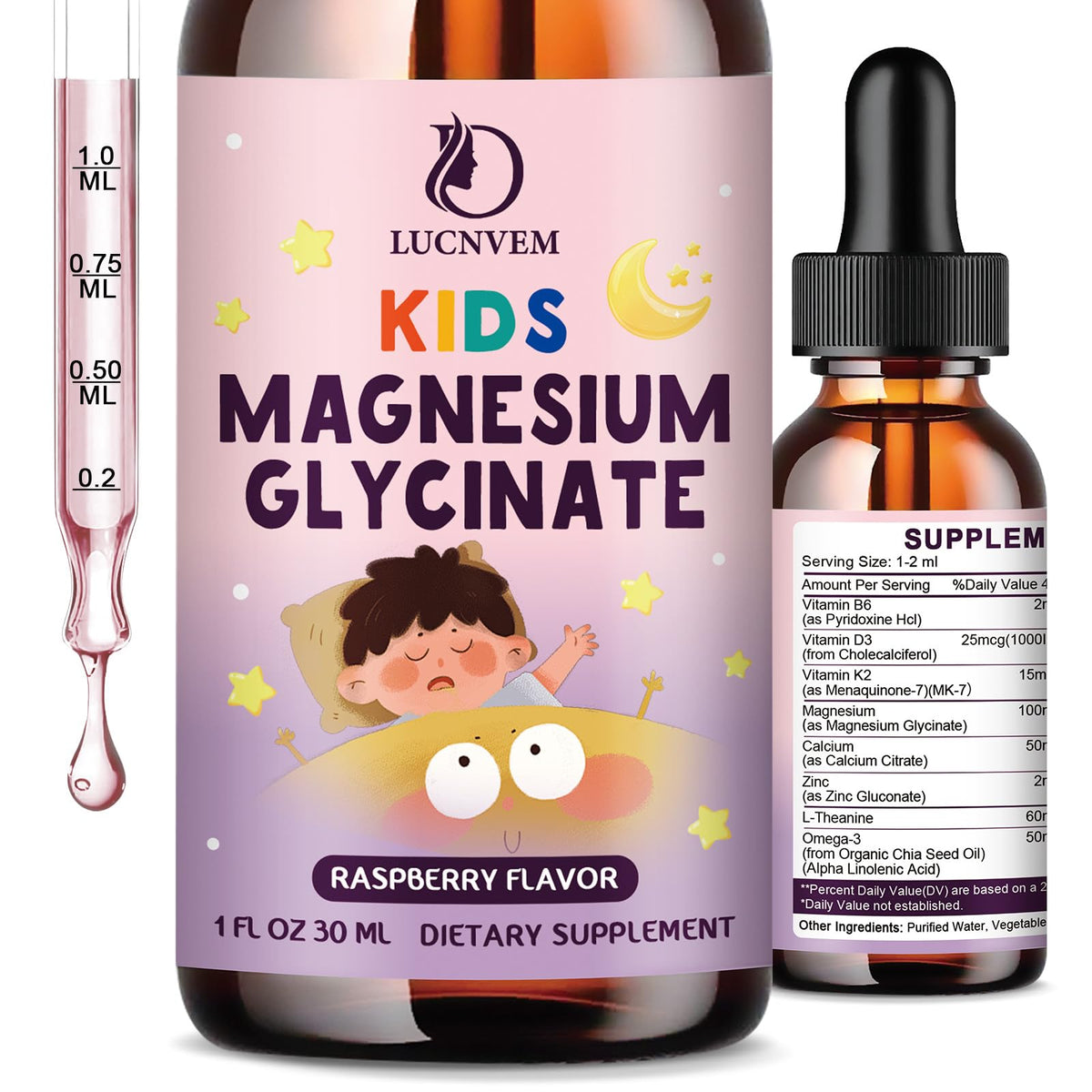 LUCNVEM Kids Magnesium Glycinate Sleep Liquid Drops front view of packaging
