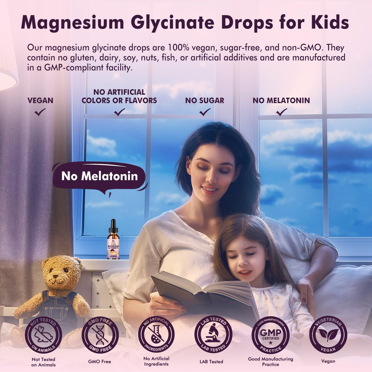 LUCNVEM Kids Magnesium Glycinate Sleep Liquid Drops two bottles on a wooden table