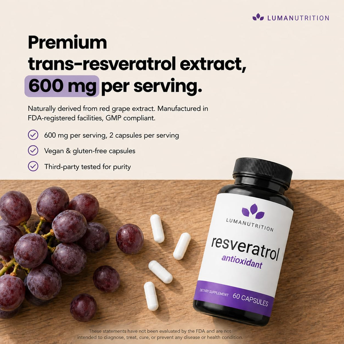 Luma Nutrition Pure Resveratrol Supplement 600mg side view