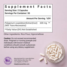 Luma Nutrition Pure Resveratrol Supplement 600mg with measuring spoon