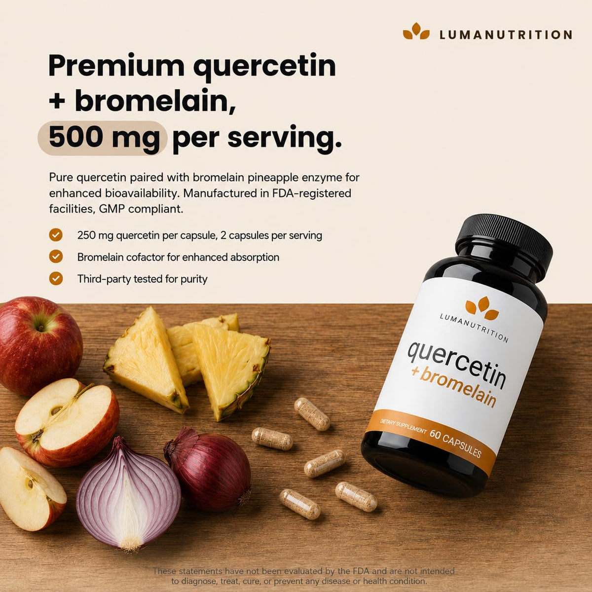 Luma Nutrition Quercetin with Bromelain 500mg capsules close-up