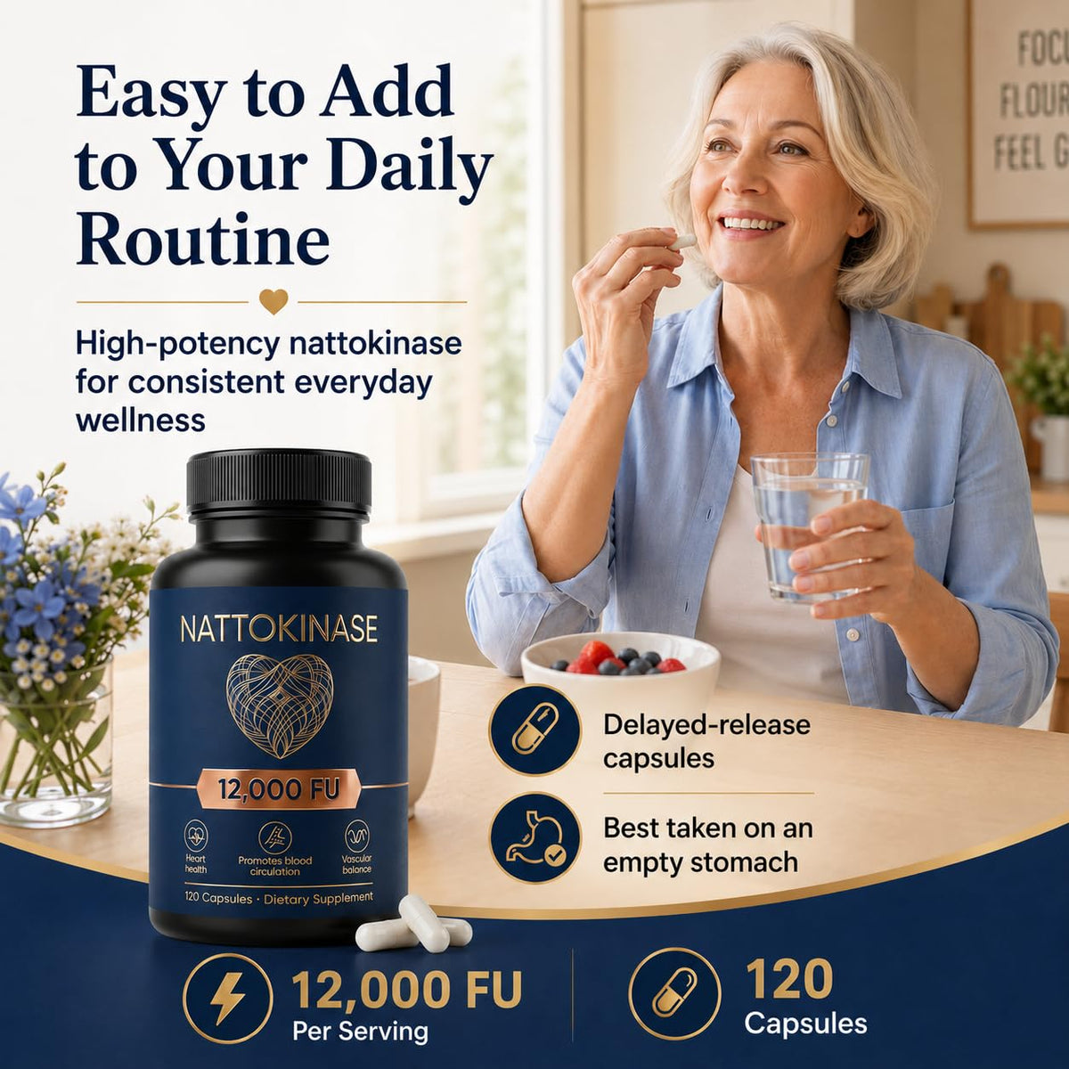LUNESSA Nattokinase 12000 FU supplement capsules on a table