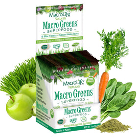 MacroLife Naturals Macro Greens Powder box front view with 12 packets