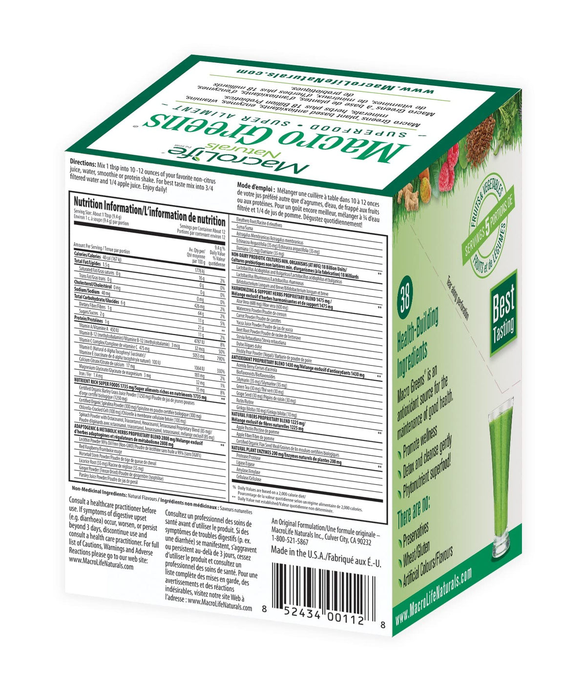 MacroLife Naturals Macro Greens Powder packet with fruits and vegetables