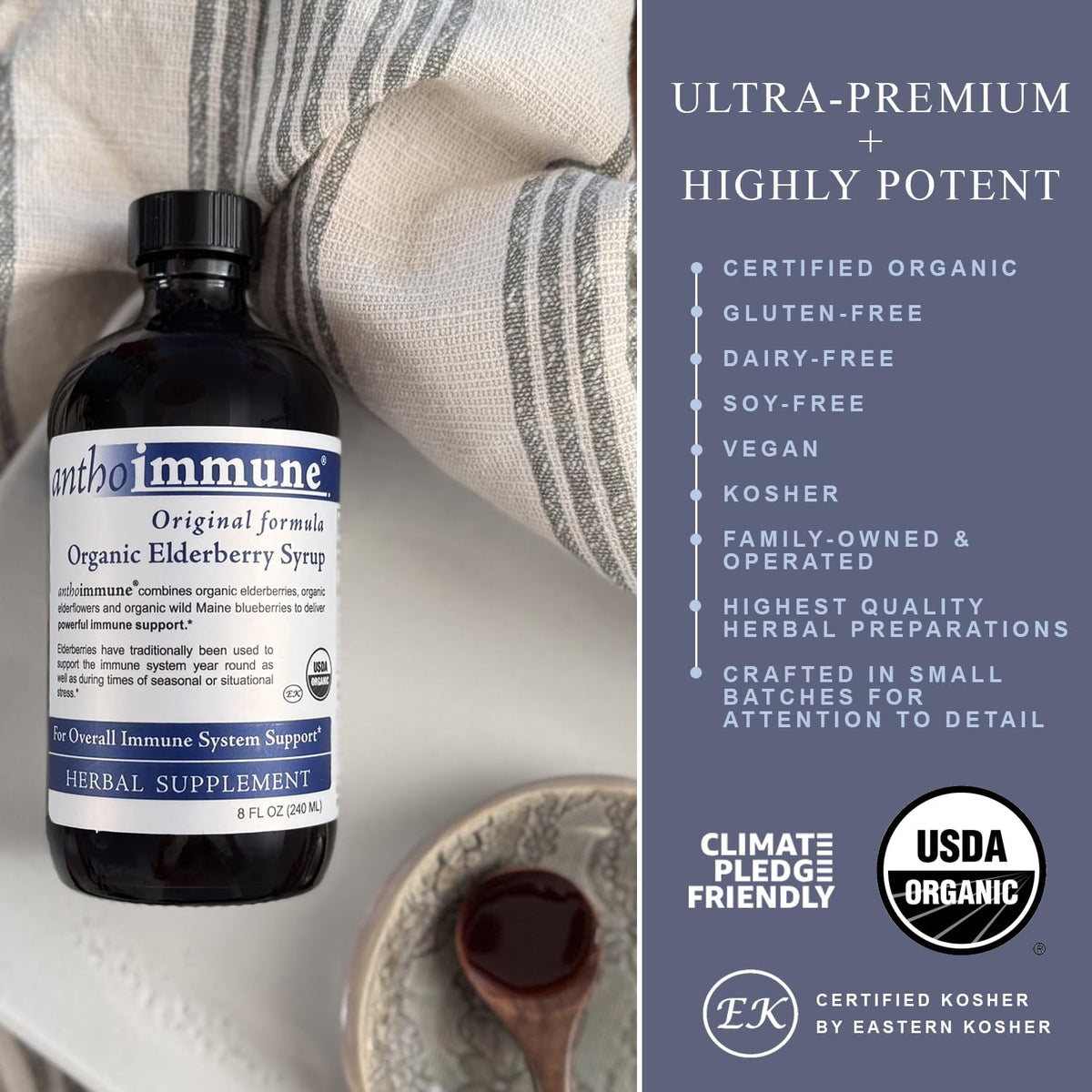 Maine Medicinals Organic Elderberry Syrup 8 oz bottle side view