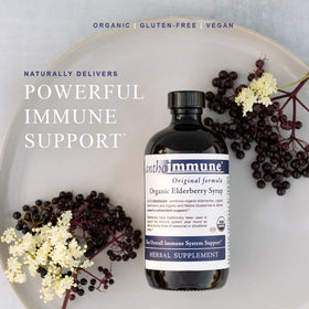 Maine Medicinals Organic Elderberry Syrup in a kitchen setting
