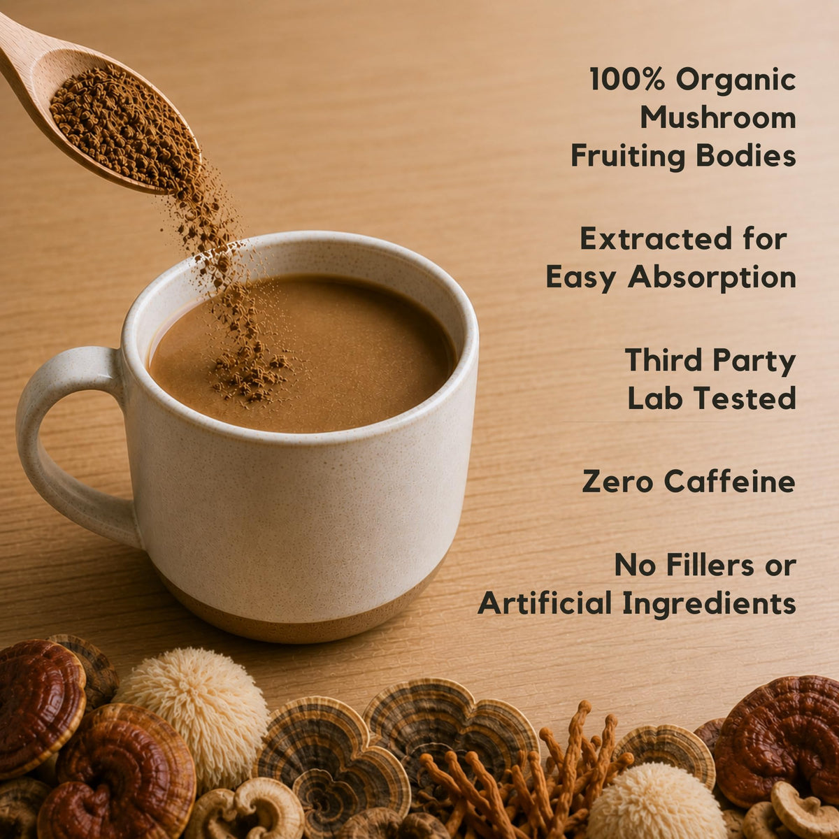 MALAMA MUSHROOMS Organic Lion's Mane Mushroom Extract Powder mixed in a cup