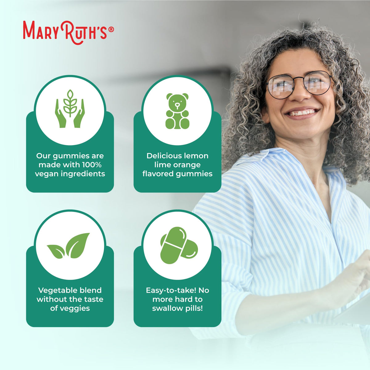 MARYRUTH'S Super Greens Gummies with a fresh vegetable backdrop