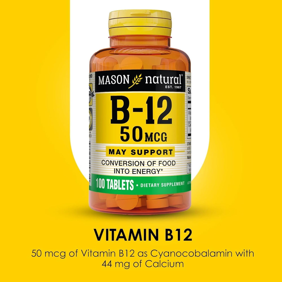 MASON NATURAL Vitamin B12 50 mcg with Calcium tablets on a table