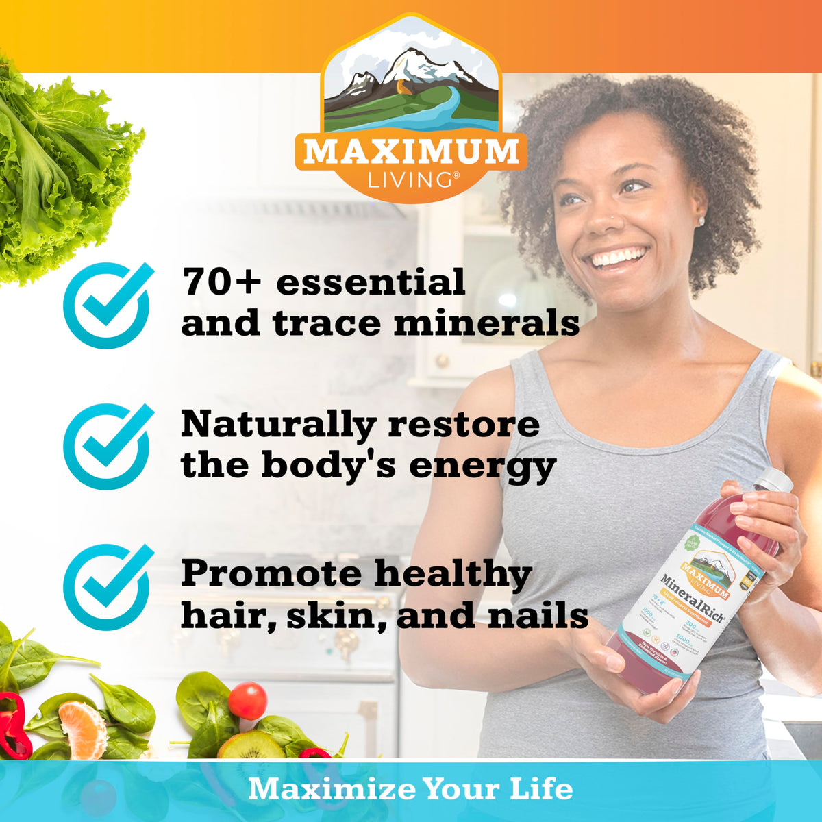 Maximum Living MineralRich 32 fl oz supplement with glass of water