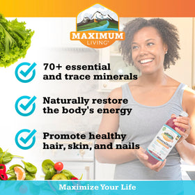 Maximum Living MineralRich 32 fl oz supplement with glass of water