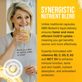 MBS Biotechnology Liquid CoQ10 120mg bottle with a refreshing creamsicle background