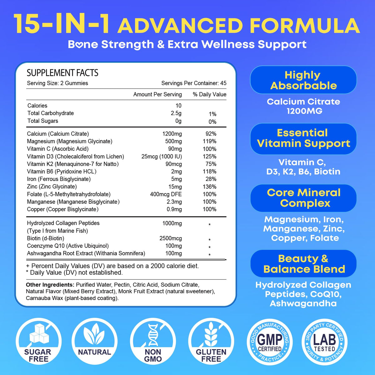 Meceilays Calcium Citrate Gummies 1200 mg side view showing nutritional information