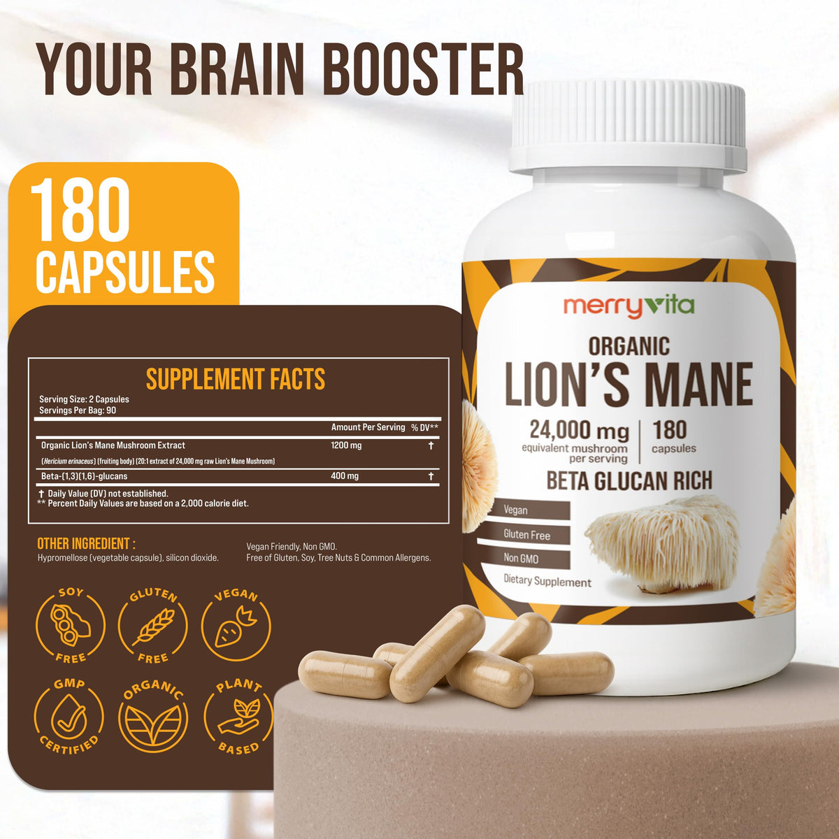 MERRY VITA Lion’s Mane Supplement bottle side view
