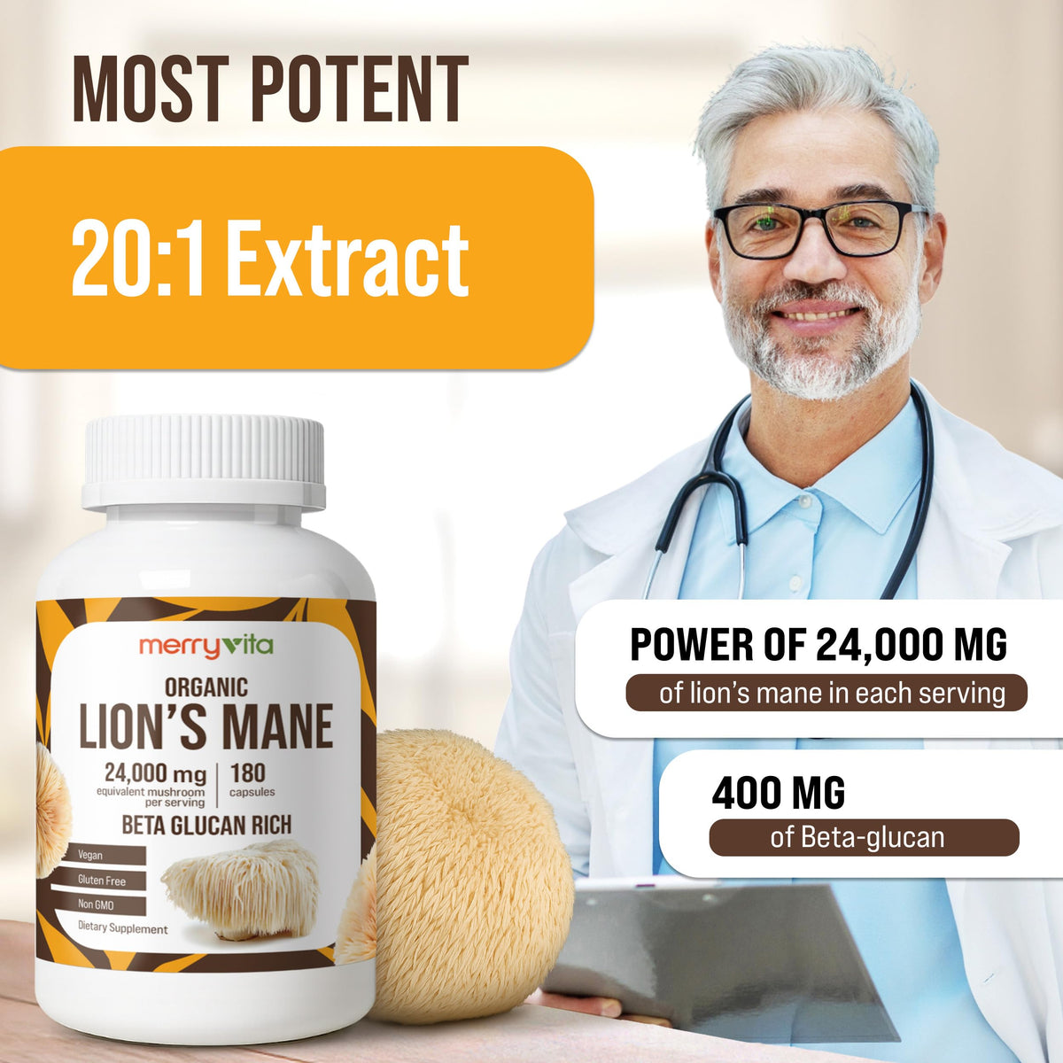 MERRY VITA Lion’s Mane Supplement bottle with measuring spoon
