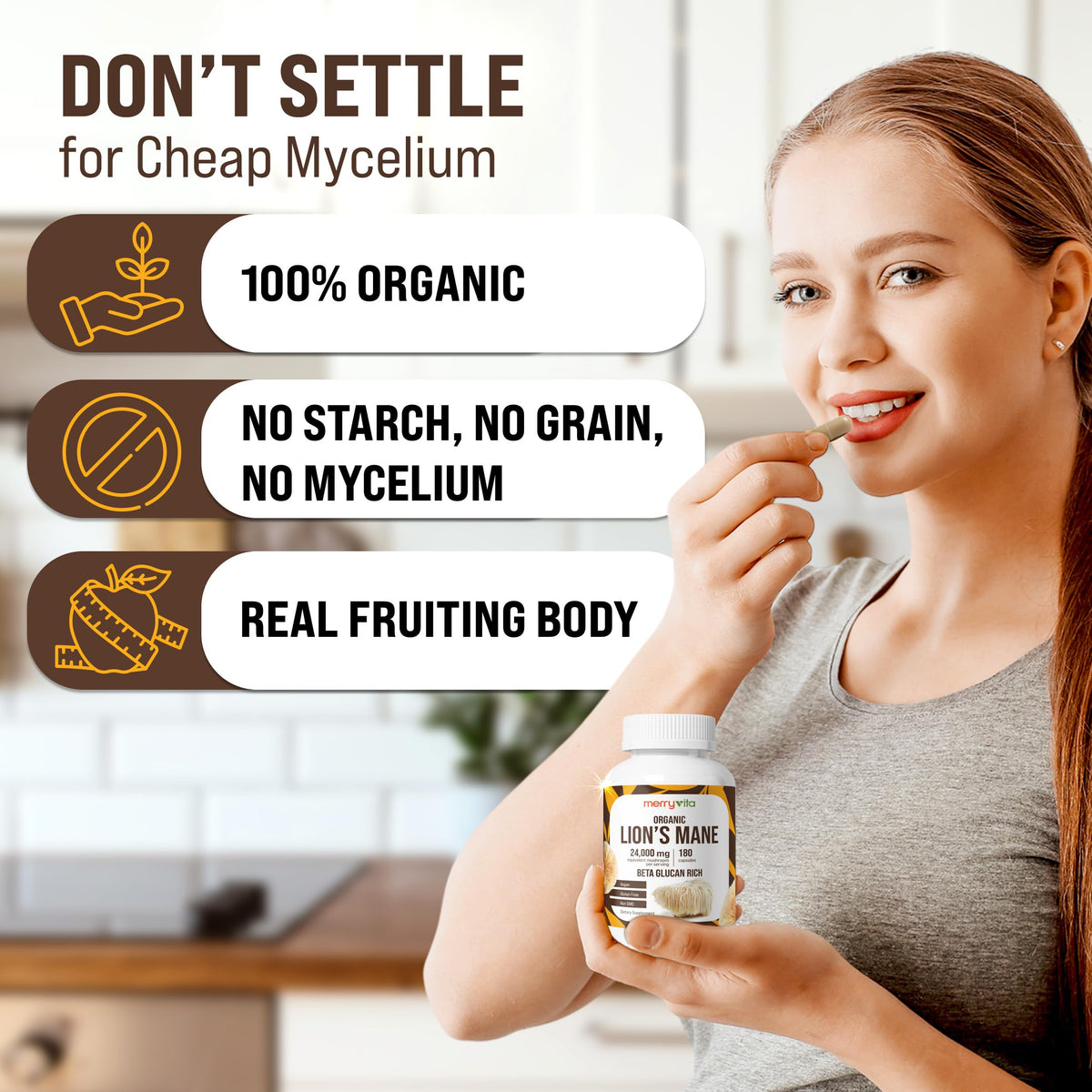 MERRY VITA Lion’s Mane Supplement capsules close-up