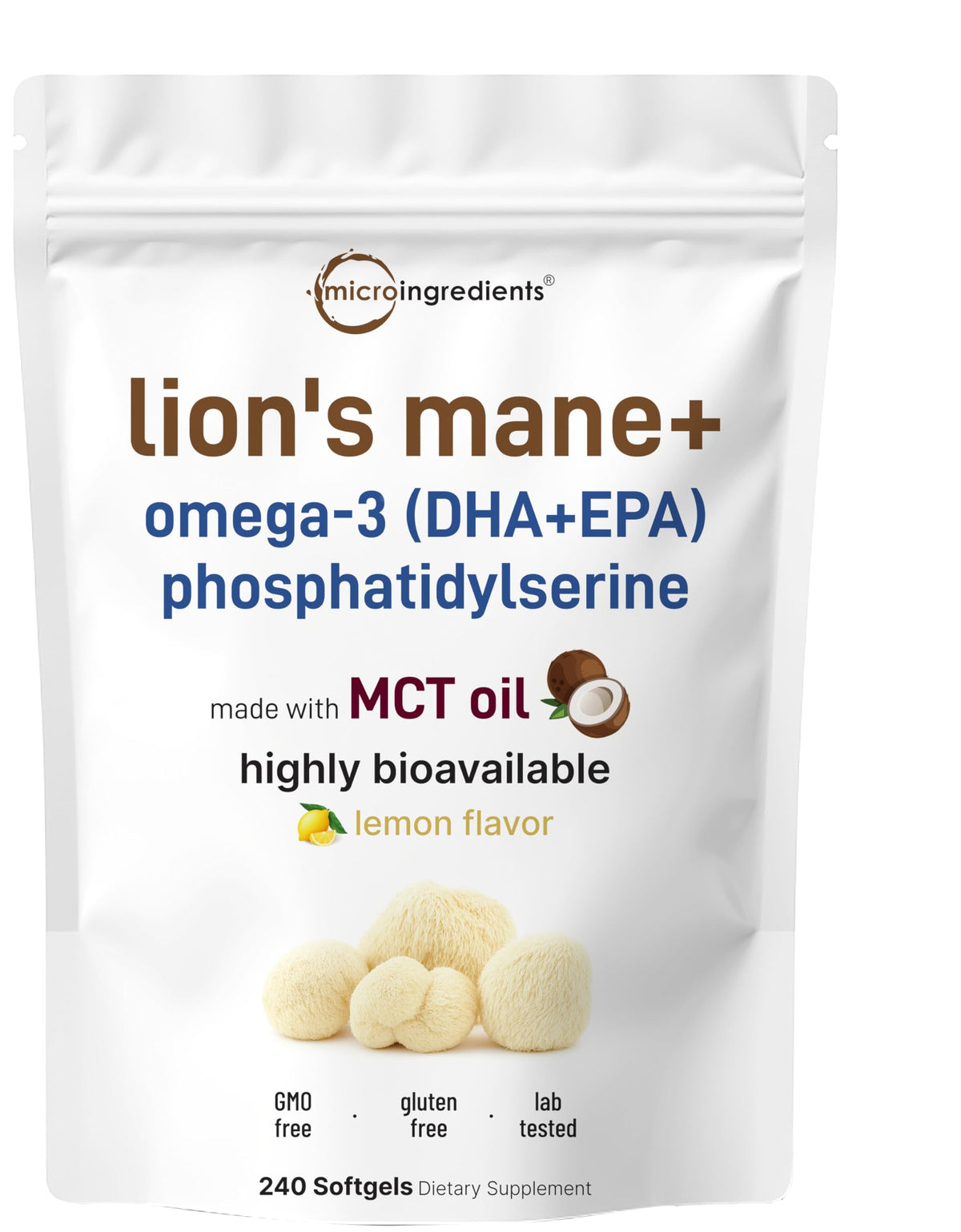 Micro Ingredients Lion's Mane+ softgels front view with lemon flavour