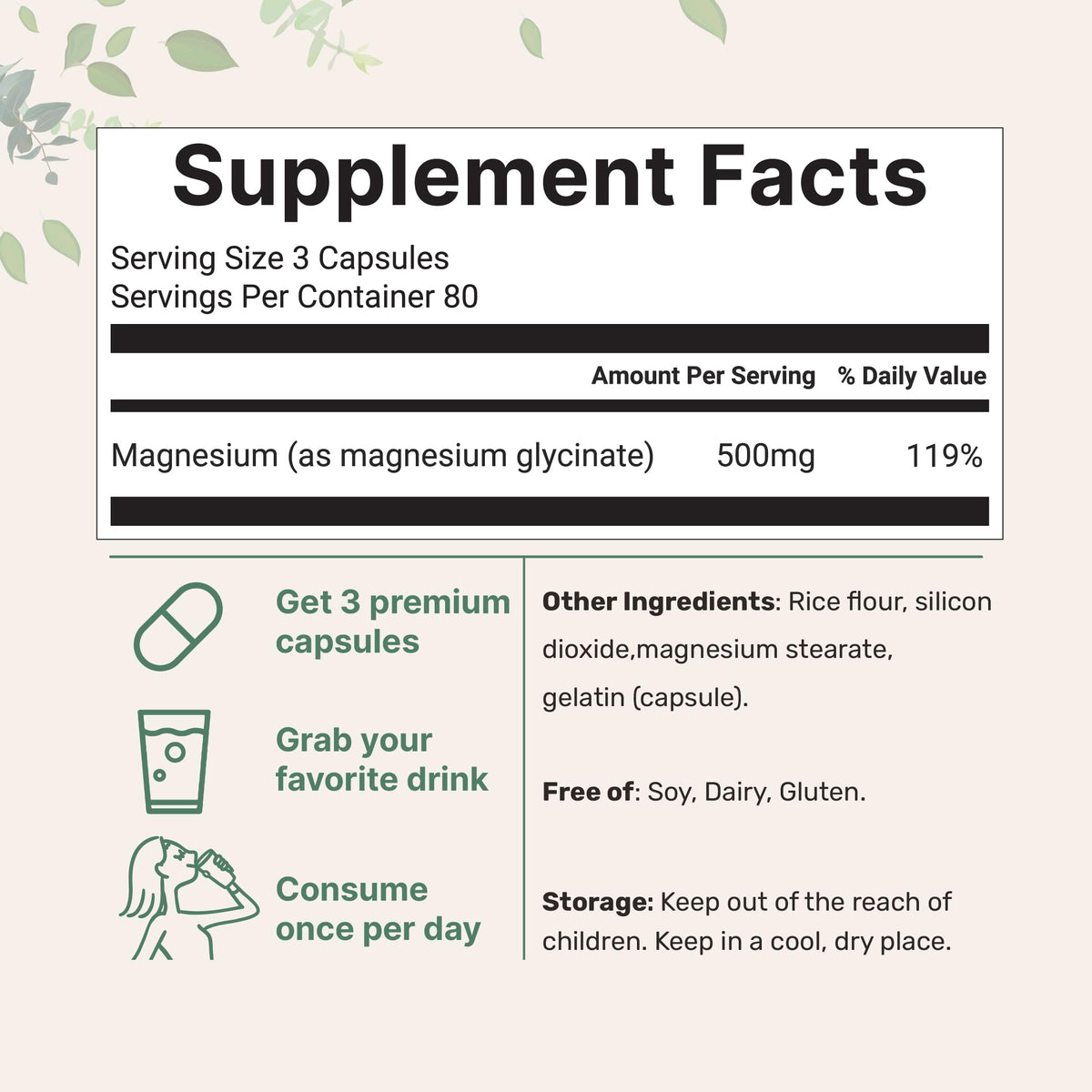Micro Ingredients Magnesium Glycinate 500mg capsules with dosage details