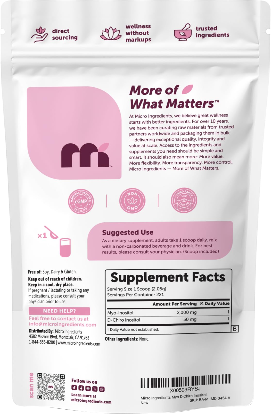 Micro Ingredients Myo-Inositol & D-Chiro Inositol Powder 1lb on a kitchen counter