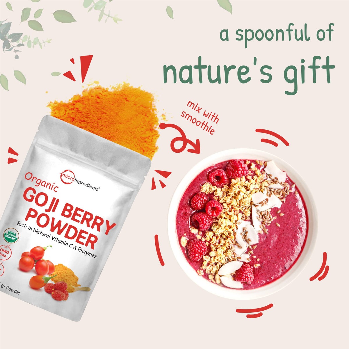 Micro Ingredients Organic Goji Powder close-up of texture