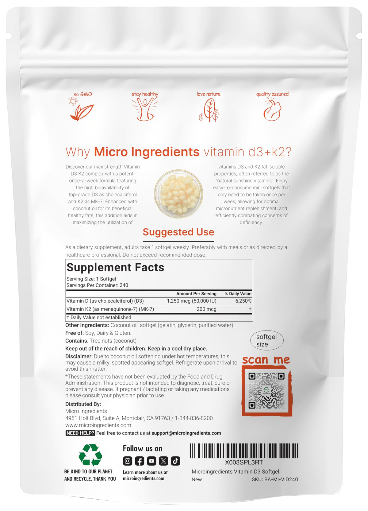 Micro Ingredients Vitamin D3 + K2 240 Softgels back view