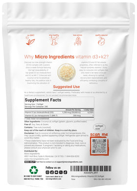 Micro Ingredients Vitamin D3 + K2 240 Softgels back view