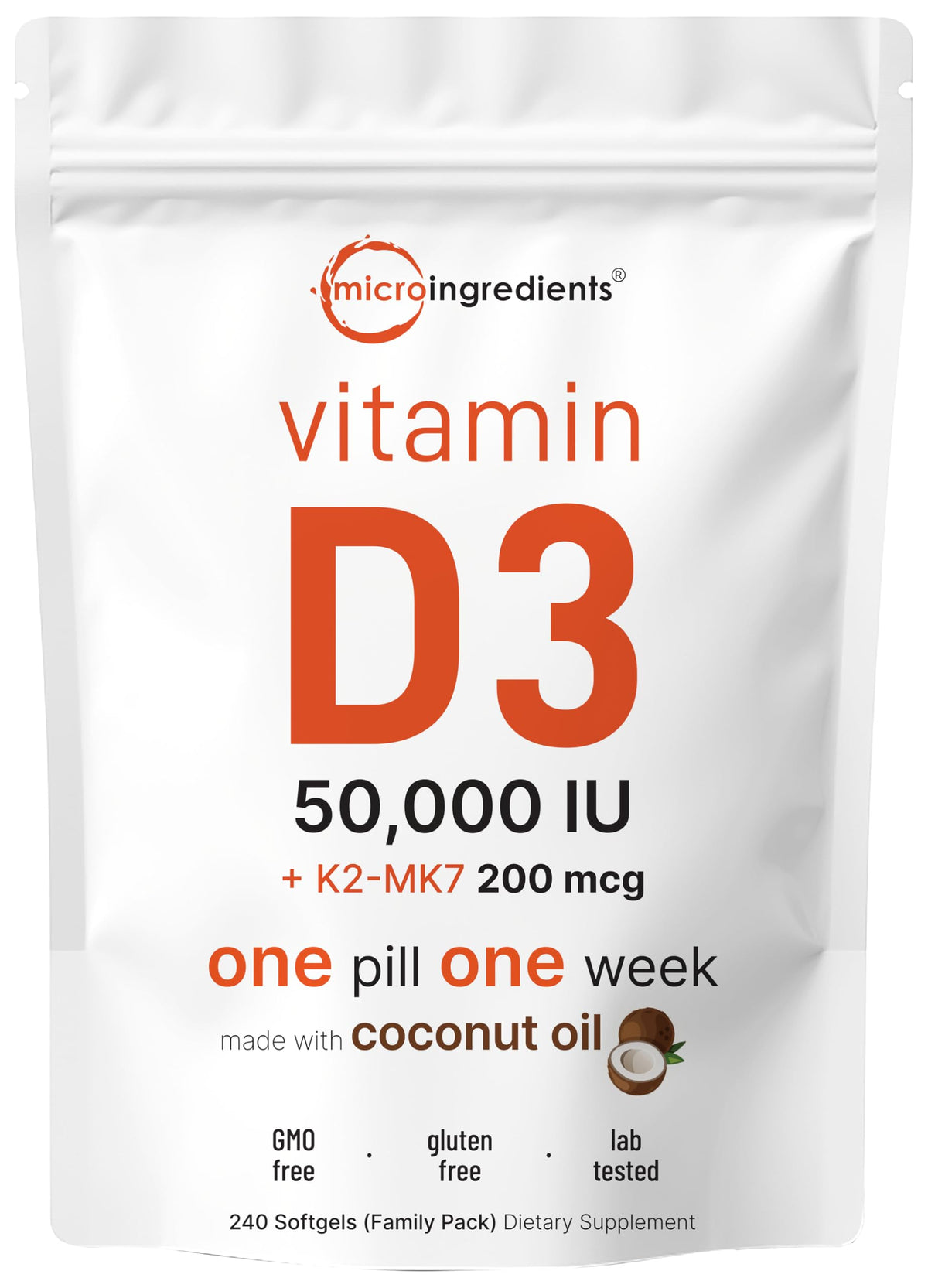 Micro Ingredients Vitamin D3 + K2 240 Softgels front view