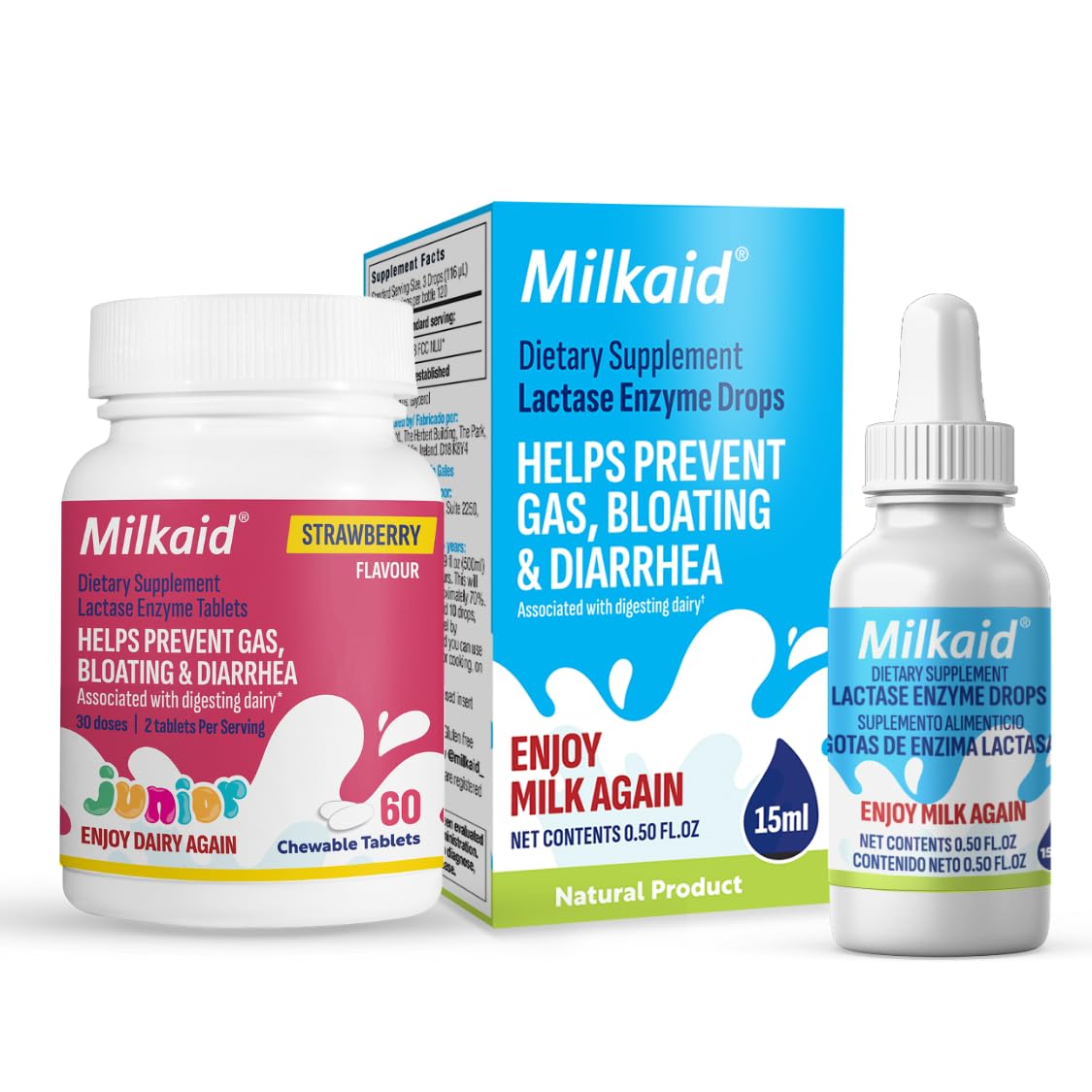 Milkaid Junior Lactase Enzyme Chewable Tablets 60 ct Strawberry front view