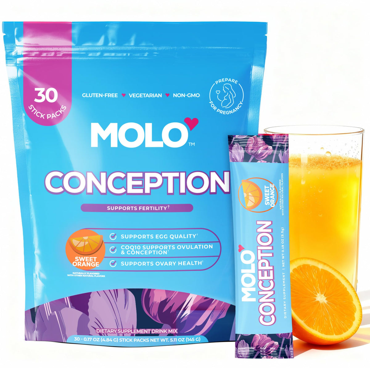 MOLO Conception Fertility Supplement 30 stick packs sweet orange flavour front view
