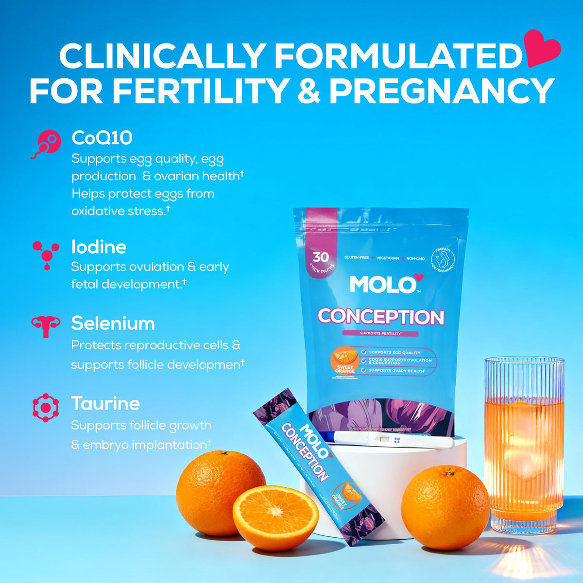 MOLO Conception Fertility Supplement stick pack in a glass of water