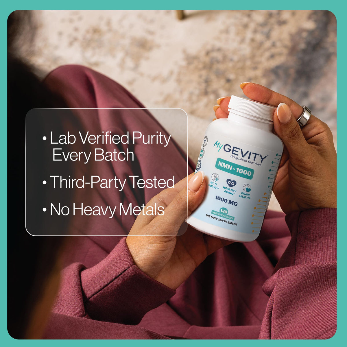 MyGevity NMN 1000mg capsules on wooden table
