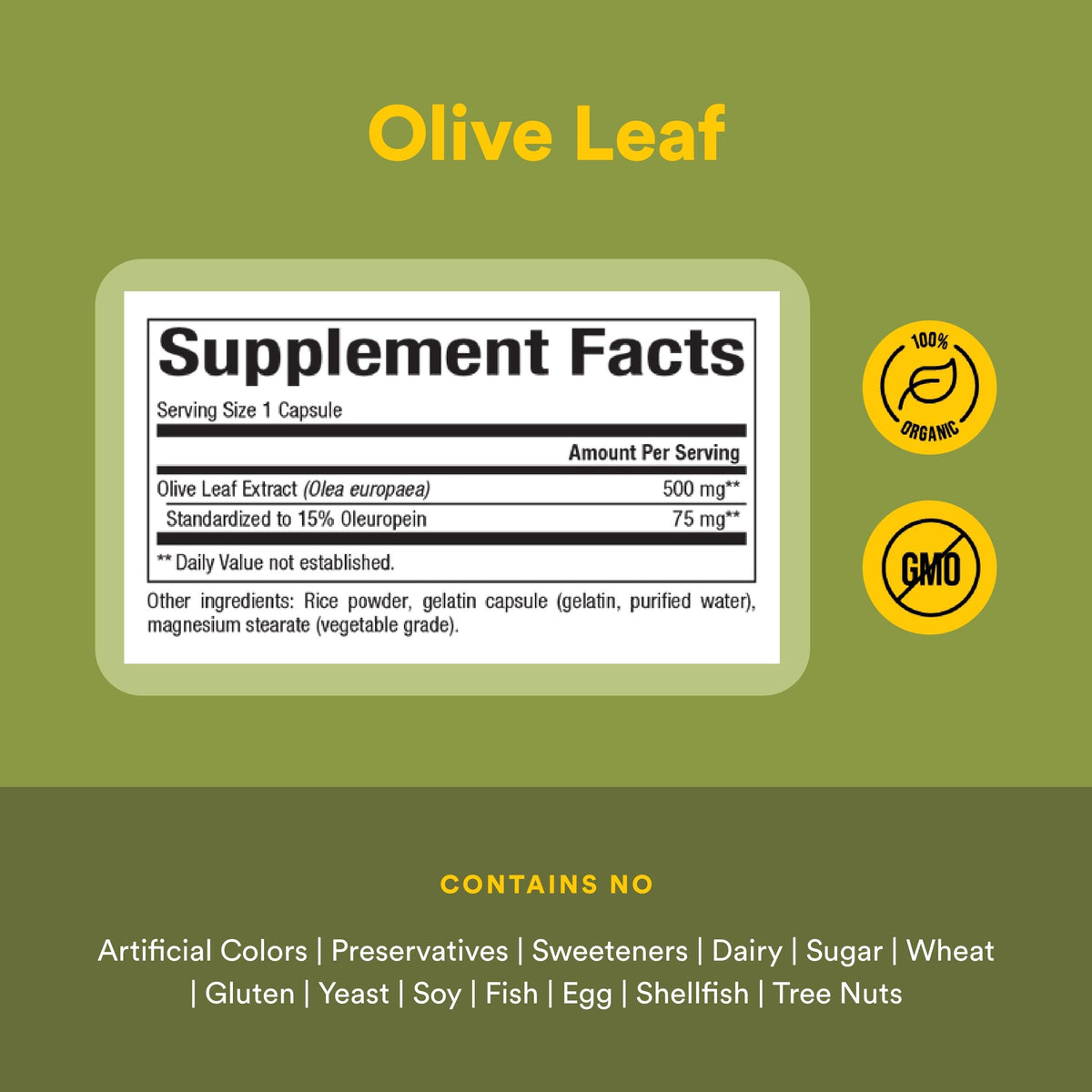 Natural Factors Olive Leaf 500 mg supplement capsules on a wooden surface