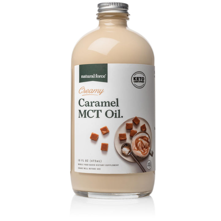 Natural Force Creamy Caramel MCT Oil 16 oz glass bottle front view