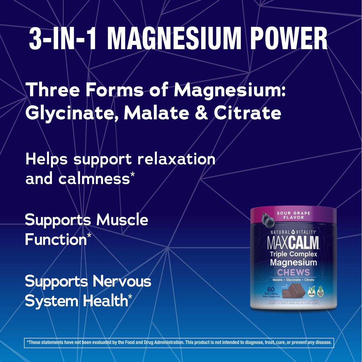 Natural Vitality MaxCalm Magnesium Chews lifestyle scene with chews on a table