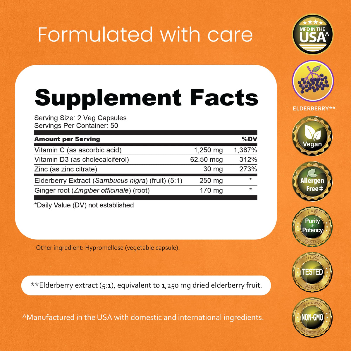 NaturaLife Labs Vitamin C with D3, Zinc, Elderberry & Ginger 100 Capsules side view