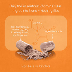 NaturaLife Labs Vitamin C with D3, Zinc, Elderberry & Ginger capsules on a wooden table