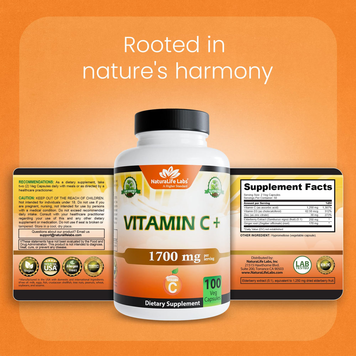 NaturaLife Labs Vitamin C with D3, Zinc, Elderberry & Ginger capsules on a kitchen countertop