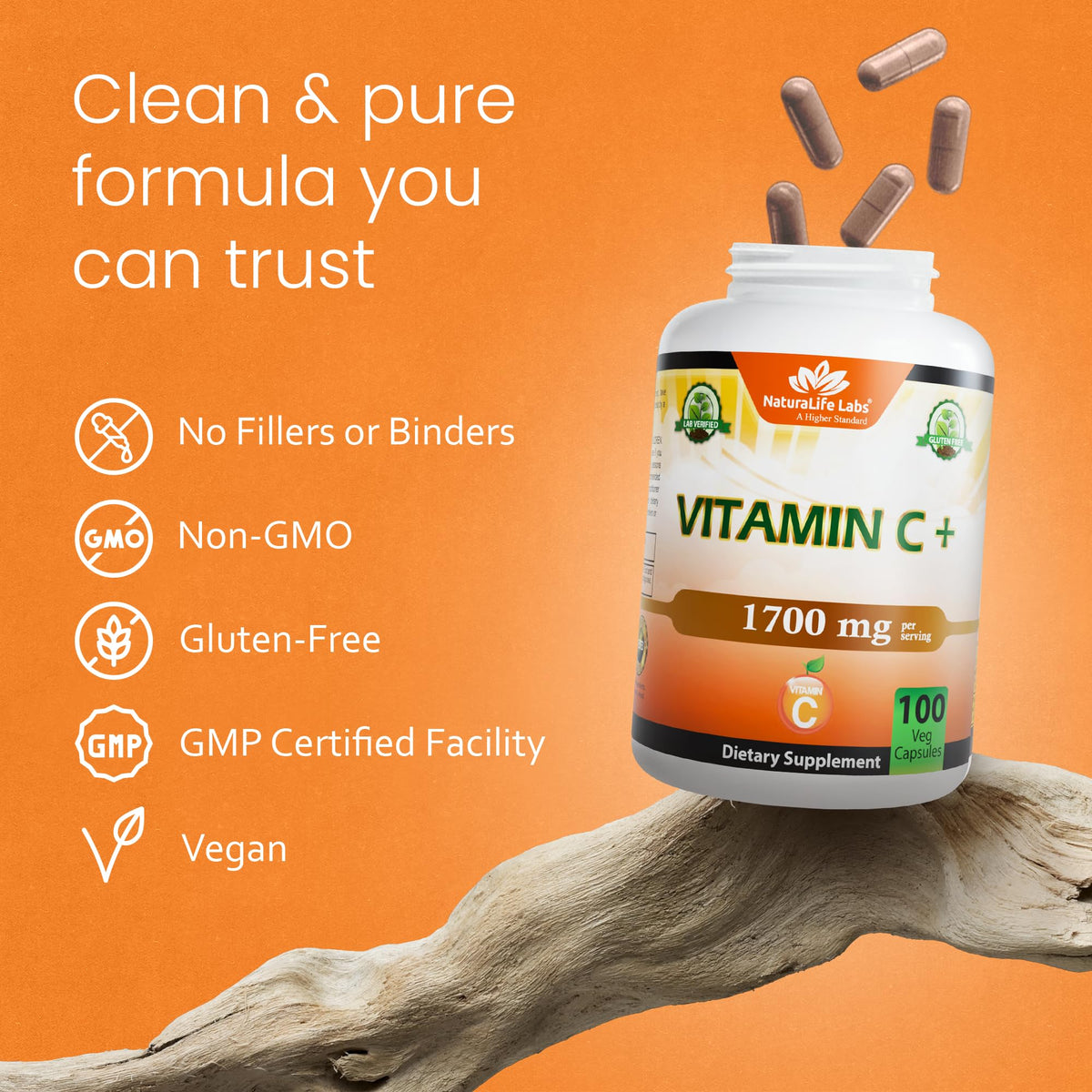 NaturaLife Labs Vitamin C with D3, Zinc, Elderberry & Ginger capsules with a measuring spoon