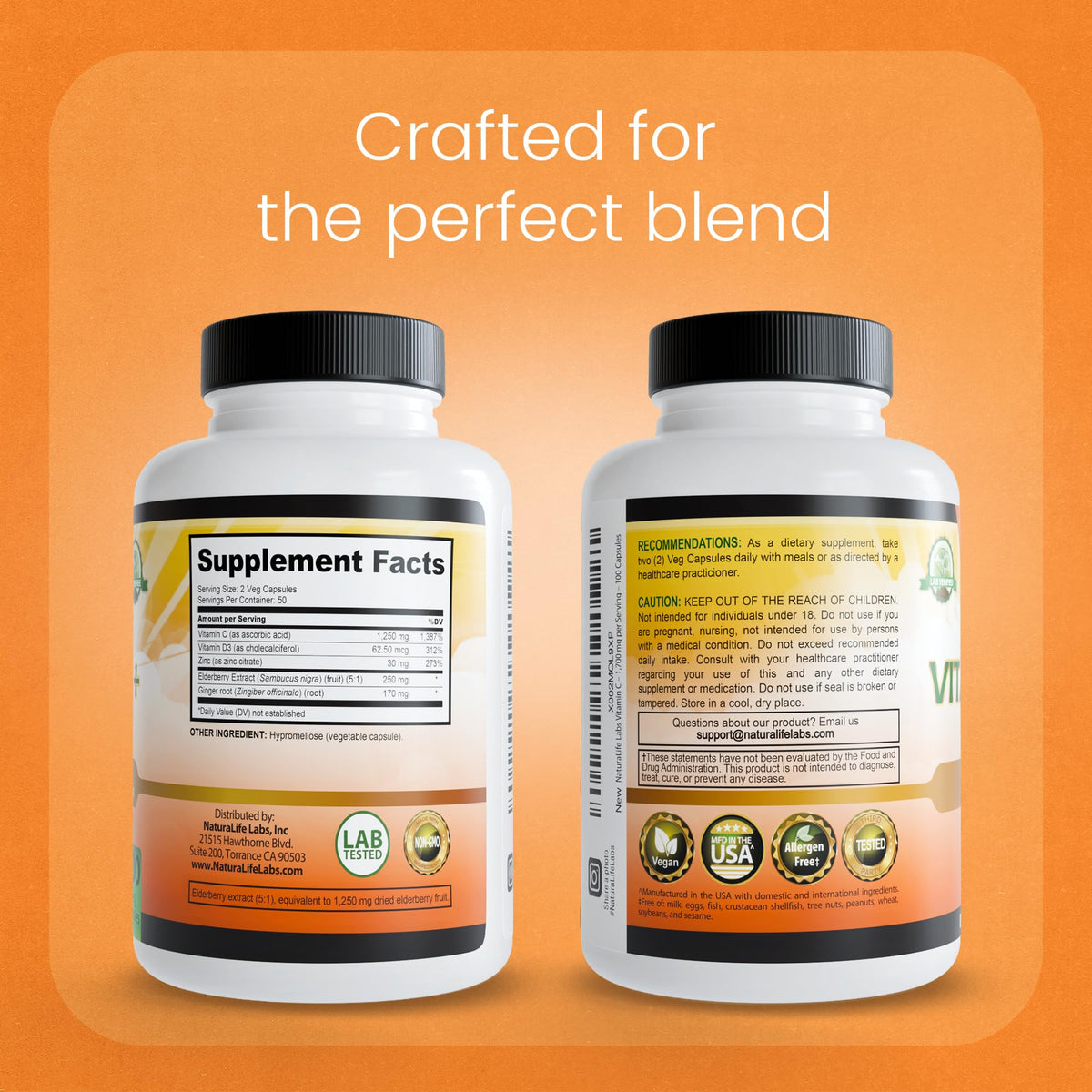 NaturaLife Labs Vitamin C with D3, Zinc, Elderberry & Ginger capsules with a glass of water