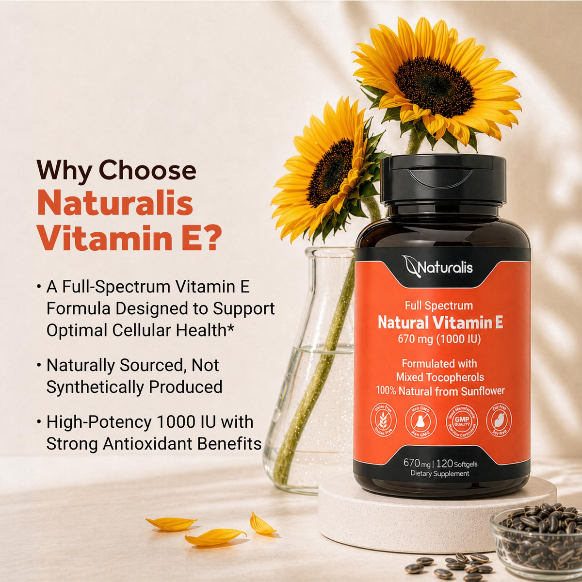 Naturalis Sunflower Vitamin E softgel on a wooden table