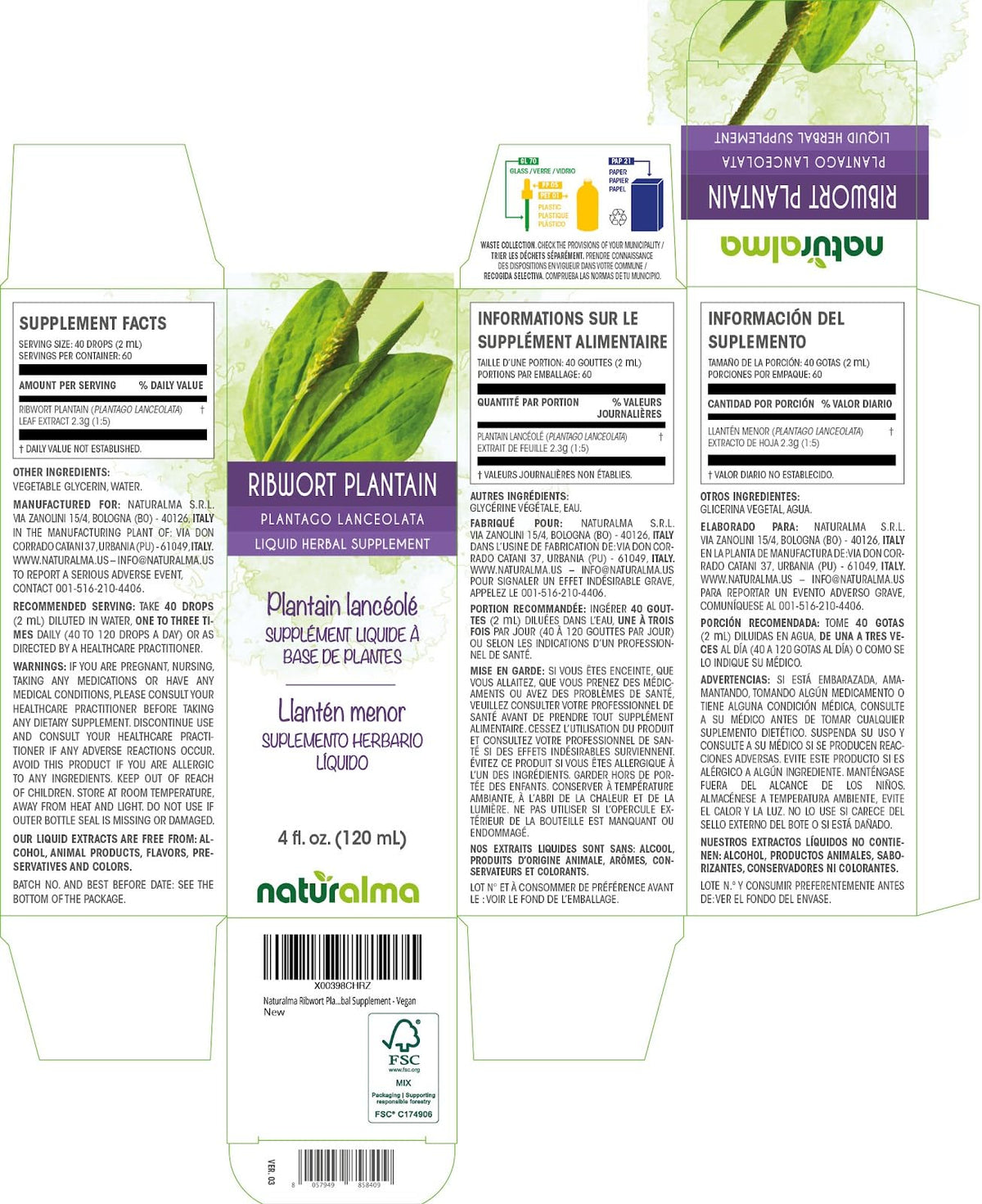 Naturalma Ribwort Plantain Leaf Tincture 4 fl oz bottle side view